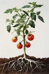 Tomato Plant with Visible Root System and Ripe Tomatoes