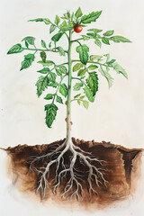 Tomato Plant with Roots and Soil Cross Section Illustration