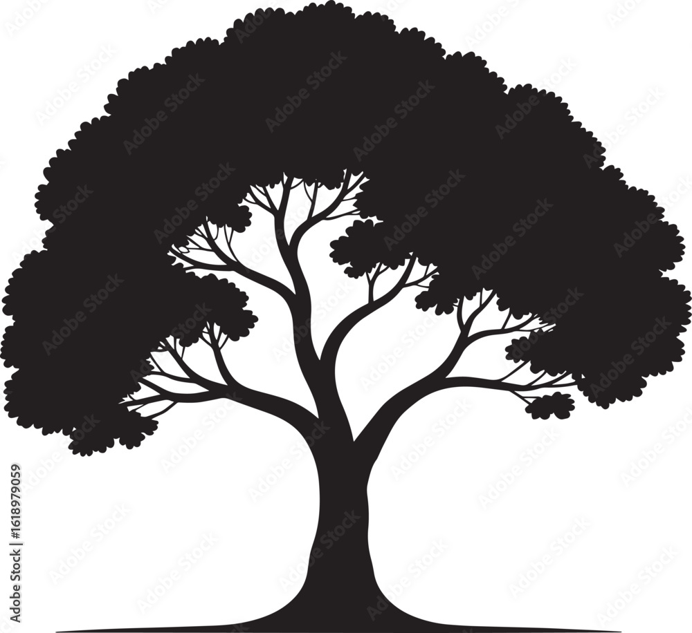 Poster detailed tree silhouette with full canopy and branch structure on transparent backdrop design
