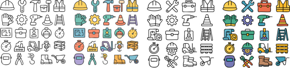Doodle style construction and industrial equipment vector icons set in line and color variations.
