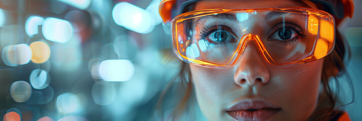 Female Engineer in Safety Goggles with Futuristic Blue Light Background
