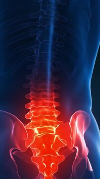 A medical 3D computer graphics image of a man suffering from coccyx pain and muscle tension, highlighting inflammation and injury.（vertical video）