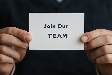 A person holding a card with the text 'Join Our Team'. The image symbolizes recruitment and job opportunities. A welcoming message for new members.
