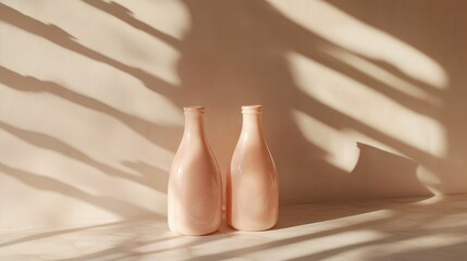 Soft Pink Bottles Casting Gentle Shadows on Light Background