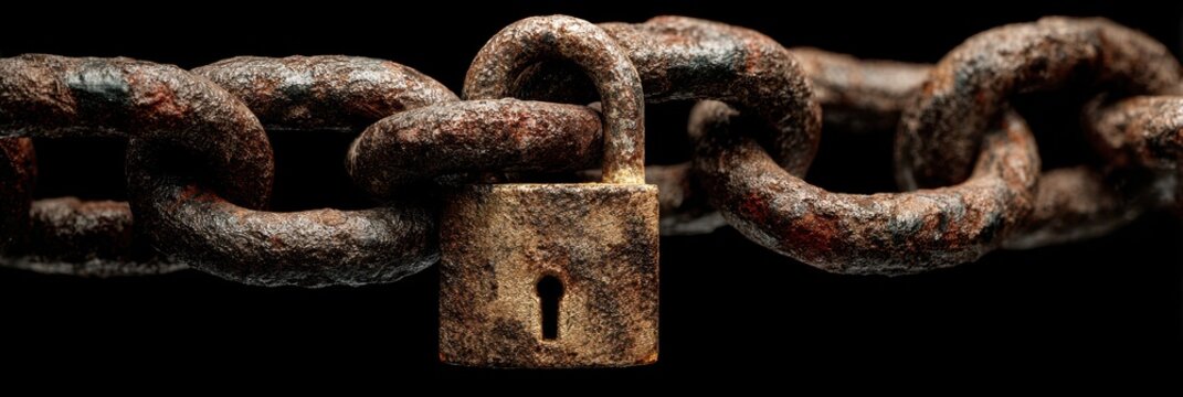 Rusty chain with a padlock symbolizing security and confinement in a dark setting - Powered by Adobe