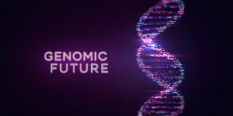 Abstract DNA strand with Genomic Future text, representing genetic research and biotechnology innovation in a futuristic, digital environment