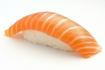 Fresh salmon nigiri sushi with white rice on white background.