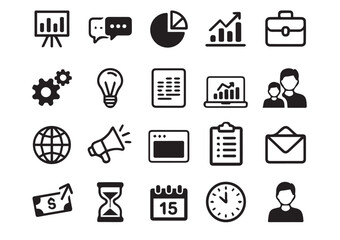 Collection of business and finance icons on a white background