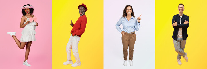 In a vibrant collage, four individuals of varied backgrounds express joy and confidence against...