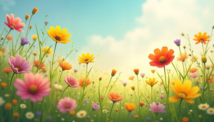 Naklejka premium Colorful wildflower field under a blue sky with soft clouds 