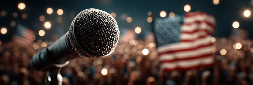 Crowd gathers for powerful speech with microphone and American flag in the background during evening rally