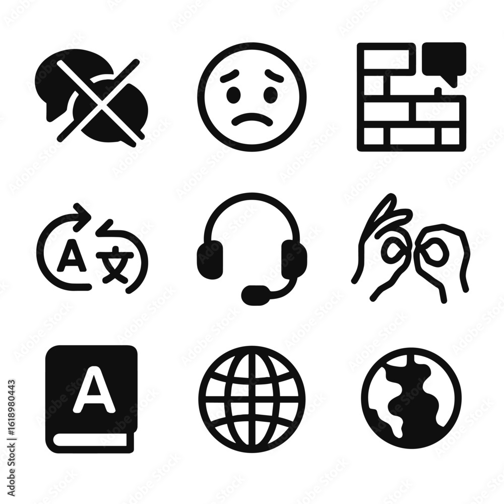 Poster speech icons grid. solid, filled icon set of speech and language difficulties: crossed speech bubble