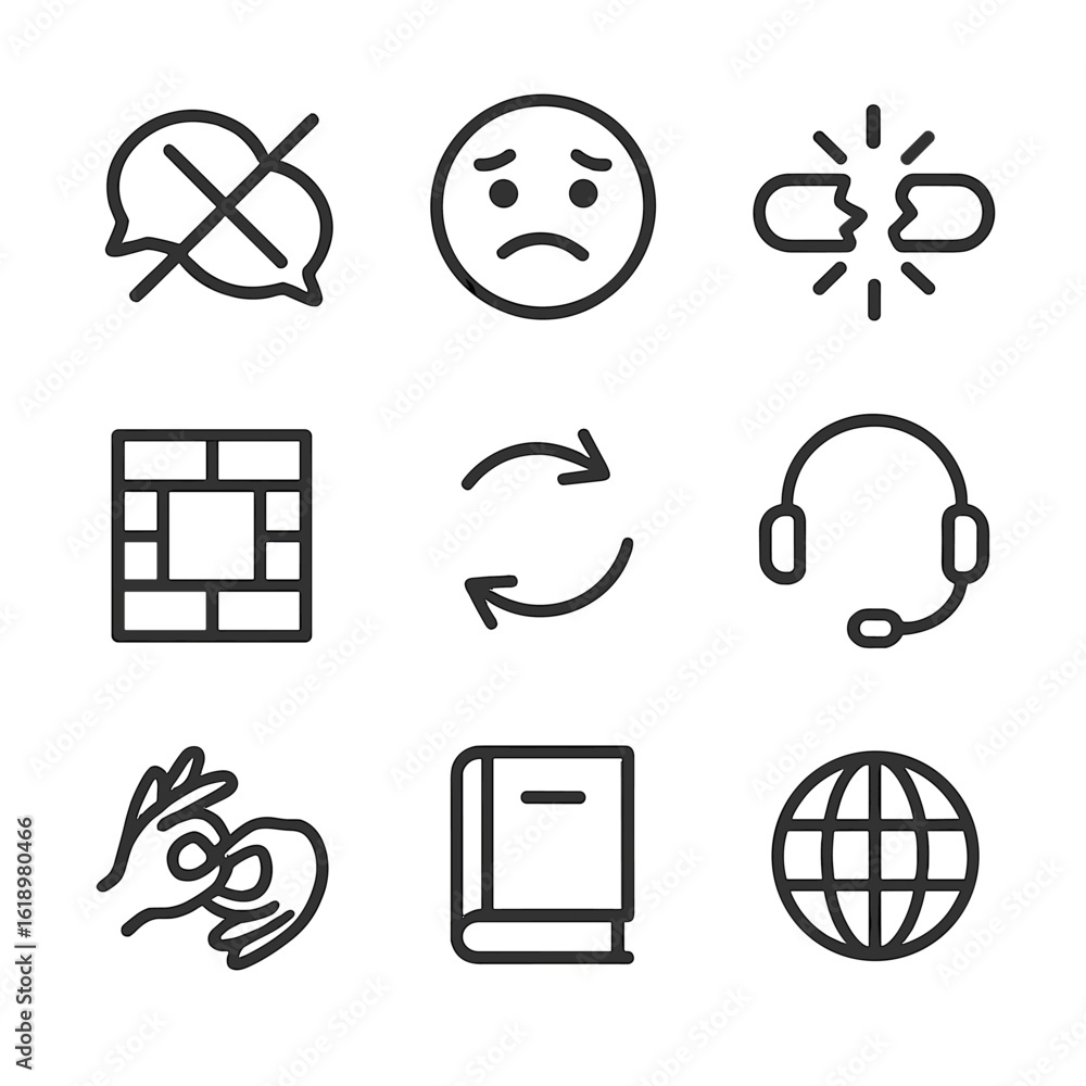 Poster speech icons grid. solid, filled icon set of speech and language difficulties: crossed speech bubble