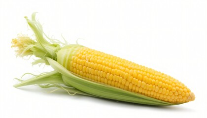 Golden Corn: A close-up studio shot of a vibrant ear of corn, showcasing its bright yellow kernels and fresh green husks, symbolising nature's bounty.