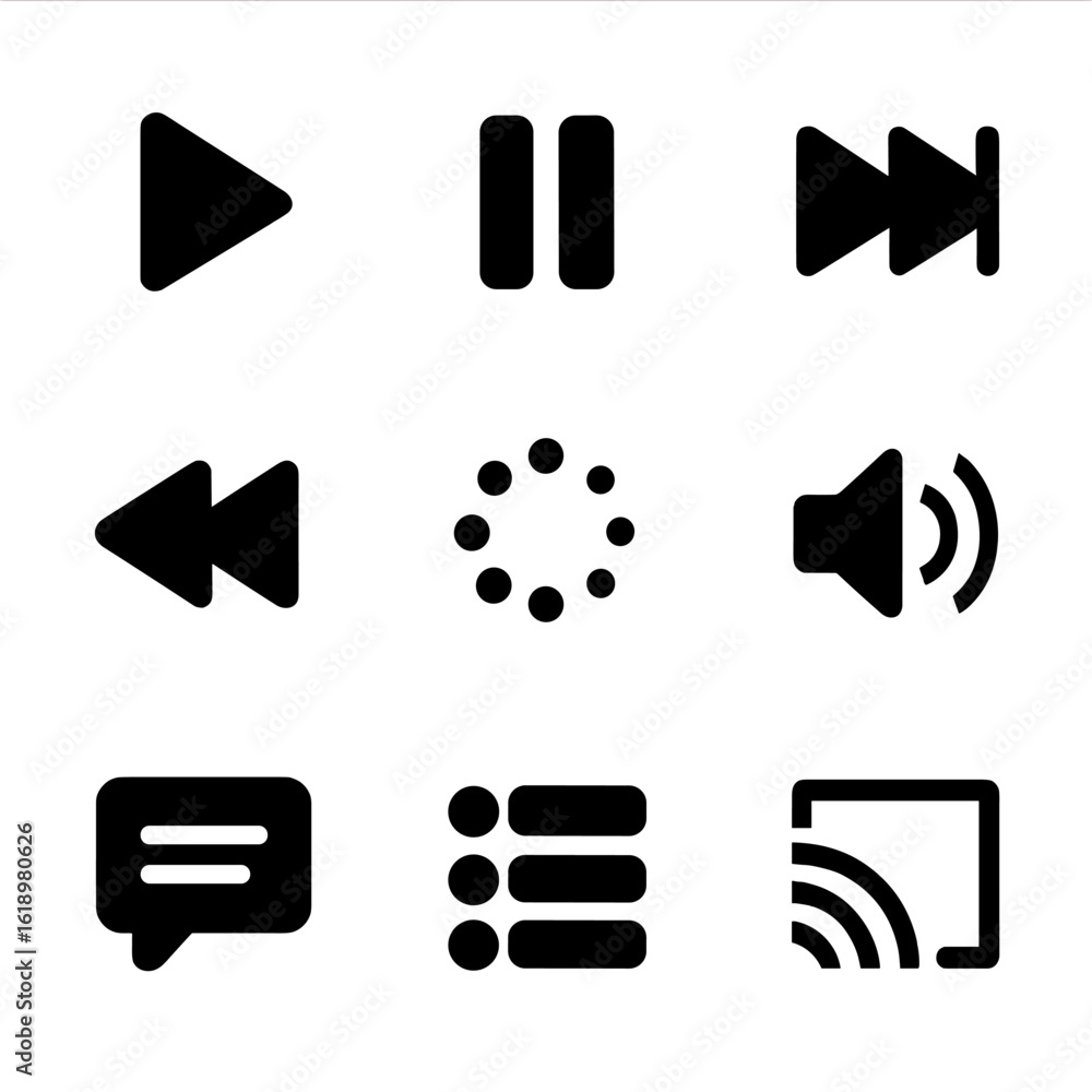 Poster streaming icon grid. solid, filled icon set of streaming and playback: play button, pause button, fa