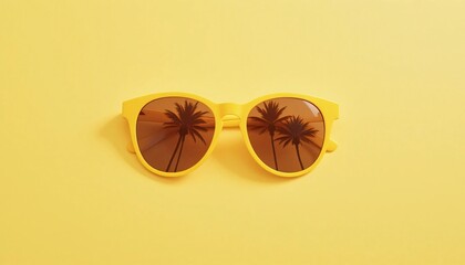 Summer Reflections: A pair of vibrant sunglasses, reflecting the silhouette of palm tree against bright yellow backdrop, evoking the carefree spirit of a sunny day.
