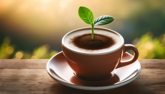 a creatively themed coffee cup filled with rich coffee bears a tiny green plant sprouting from within symbolizing the blend of nature and everyday life in an engaging artistic presentation
