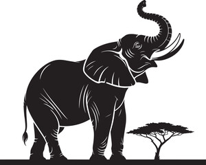 Elegant Silhouette of an African Elephant with Trunk Up Against Transparent Background Vector
