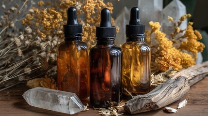 Amber Glass Bottles with Essential Oils, Dried Flowers, and Crystals