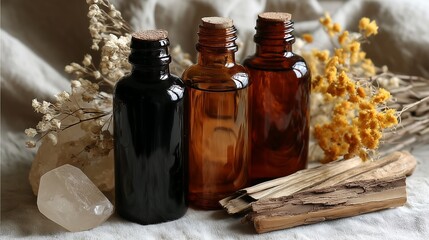 Essential Oils, Dried Flowers, and Crystals Still Life Photography