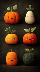 Whimsical arrangement of cheerful pumpkins and a smiling pear showcasing a playful autumn atmosphere