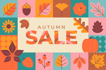 Autumn sale geometric banner with colorful fall leaves, acorns, pumpkins, pine cone. Template for fall offer of big discounts. Posters, flyers, covers, web, print, social media,promo,offer. Vector