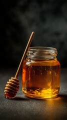 Golden Honey in Glass Jar with Wooden Dipper, Dark Background