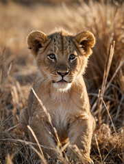 Baby Lion Sitting on the Savannah Grass at Sunset – Wildlife Portrait