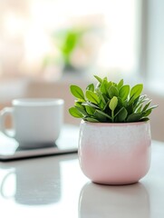 Pink Potted Plant on White Table, Bright Background