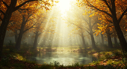 Obraz premium Golden Autumn Serenity A Forest Pond Bathed in Sunlight and Falling Leaves