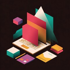 An abstract representation of a creative workspace with vibrant shapes around a laptop suggesting design and innovation