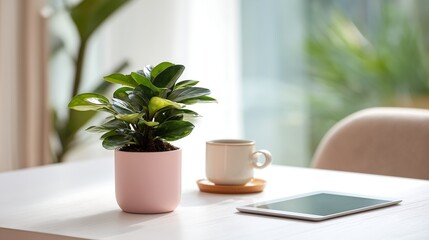 Home Office Setup with Plant, Tablet, and Coffee; Minimalist Workspace