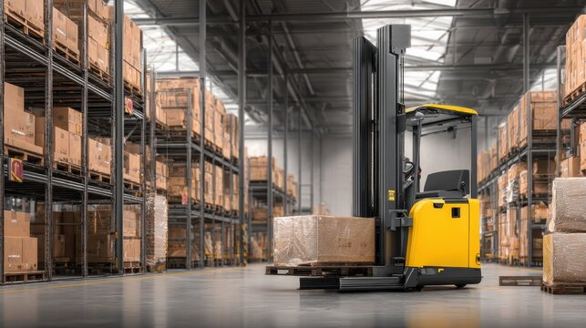 Ultra quality image of interior of warehouse dock load cargo electric forklift pallet jack with large shipment goods pallet. Creative Banner. Copyspace image.