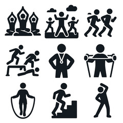 Community Fitness Icons. Solid style icons of community fitness: group yoga session, outdoor aerobics, running club, bootcamp