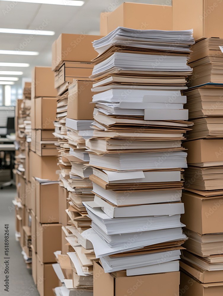 Poster overwhelming stack: piles of files, documents, and storage boxes create a sense of administrative ov