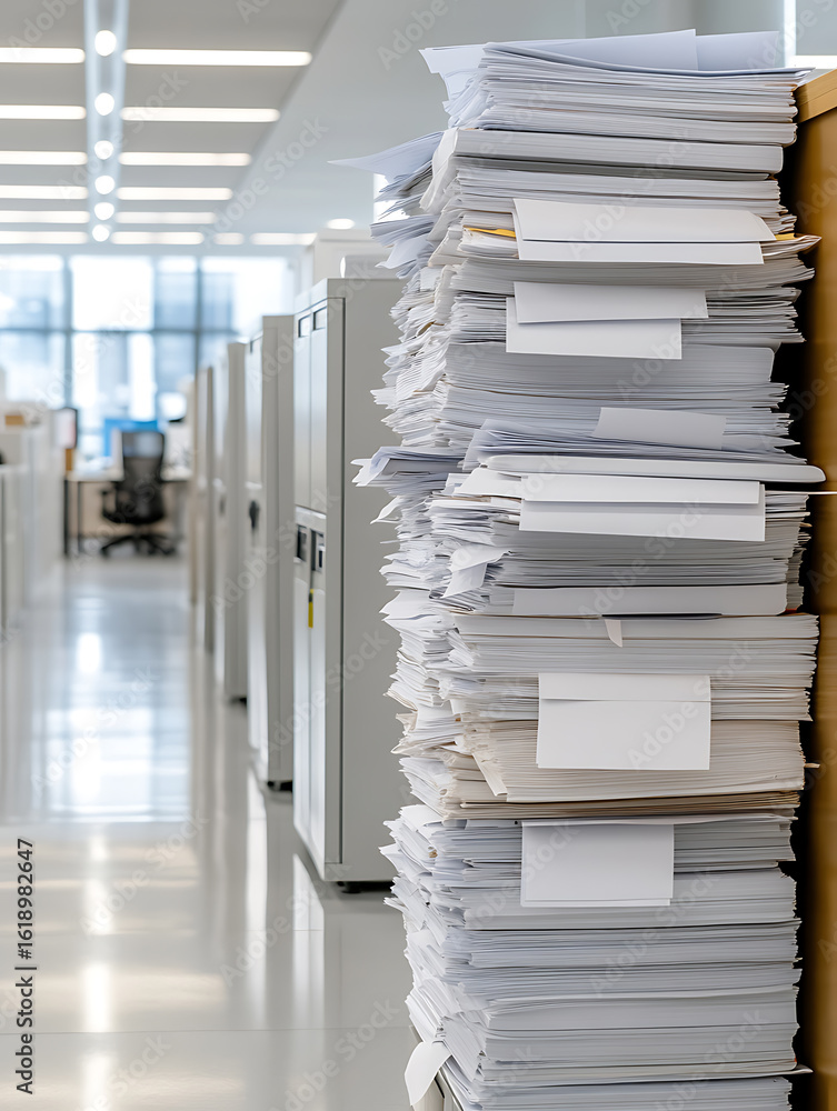 Poster overwhelmed office: towering stack of paperwork in a modern workspace signals excess workload and or