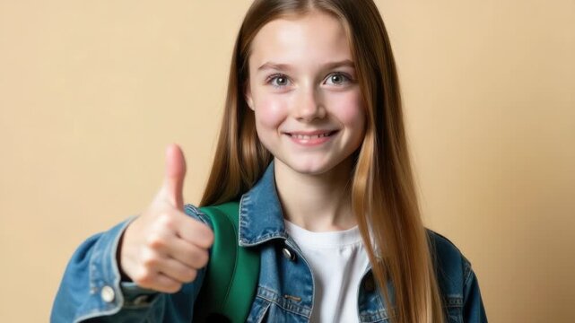A young girl wearing a denim jacket and giving a thumbs up, a positive and cheerful image