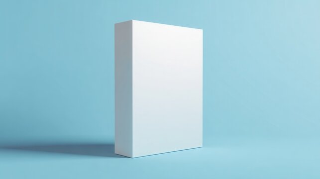 Ultra quality image of minimal cereal box with a blank white front, positioned against a soft gradient blue background.