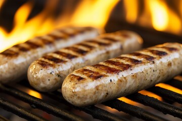 Perfectly grilled bratwurst sausages with char marks cooking over open flame on barbecue grill.