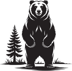 Standing Bear Silhouette with Pine Tree Against Transparent Background Vector Illustration