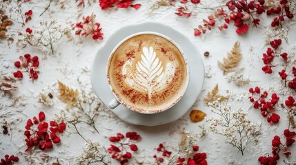 Stylish Coffee Cup Surrounded by Red Flowers and Dried Leaves