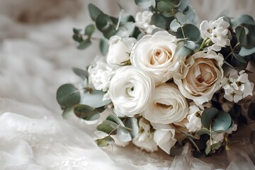 Elegant wedding bouquet featuring roses and eucalyptus greenery on a soft, textured fabric creates a romantic and sophisticated atmosphere suitable for bridal designs and luxury events