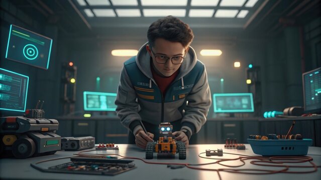 Robotics engineering student working on robot project in lab for stem education