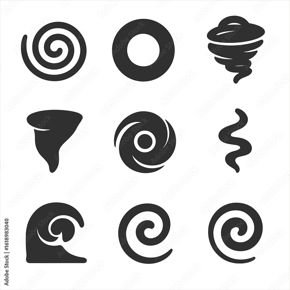 Poster vortex dynamics icons. solid, filled icon set of vortex dynamics: spiral flow, vortex ring, rotating