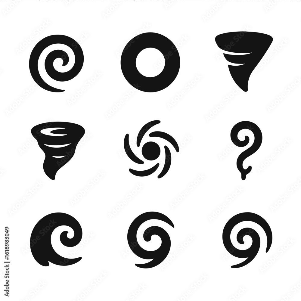 Poster vortex dynamics icons. solid, filled icon set of vortex dynamics: spiral flow, vortex ring, rotating