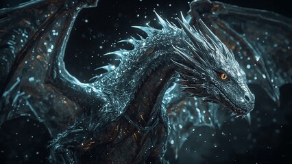 A blue dragon with a black body and white wings