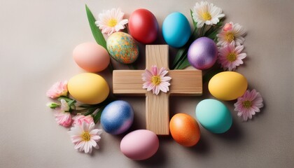 Obraz premium colorful easter eggs arranged around a blank canvas on a pastel pink background