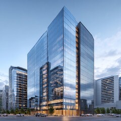 Ultra quality image of modern glass office building with reflective , sleek architecture, and city skyline background under clear sky du daytime.