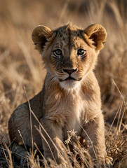Baby Lion Sitting on the Savannah Grass at Sunset – Wildlife Portrait