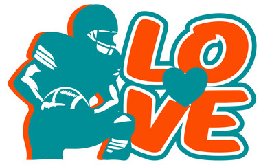 Love written in Aqua, orange, white and blue colorwith a heart at the center and a football Player next to the text. Bold vector design in street art style, perfect for sporty, dynamic illustrations.